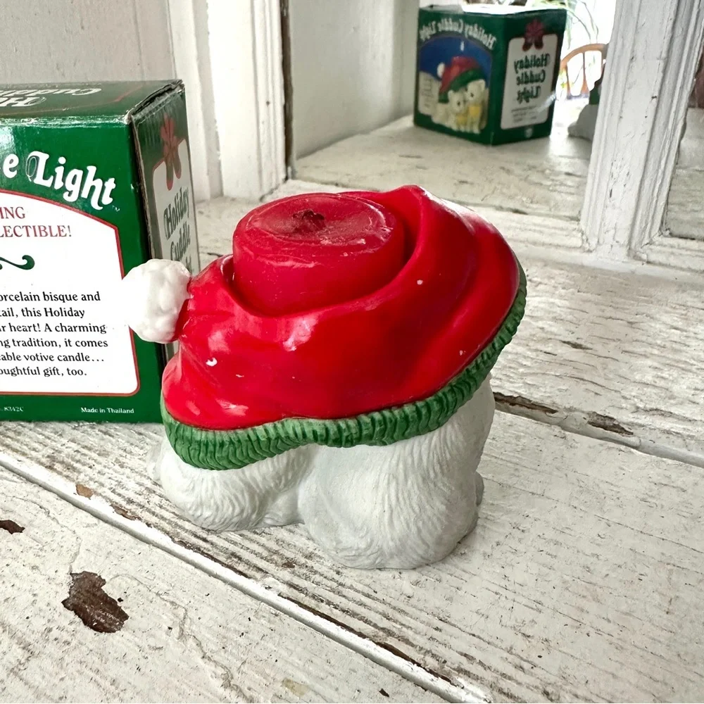 Vintage Cat Cuddling Under Santa Hat 1990 Tealight Candle Holder Kitty Porcelain
